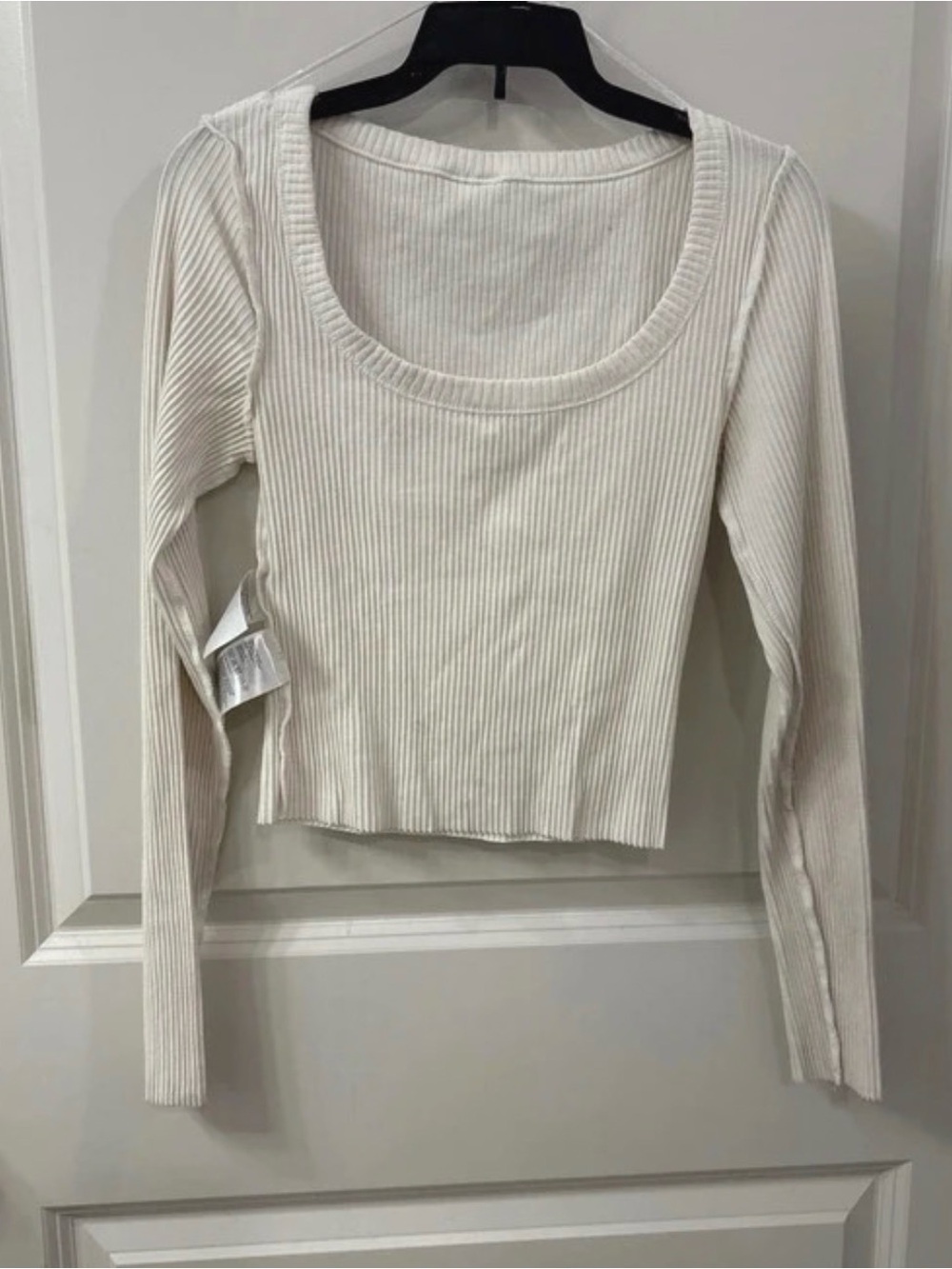 H&M Cream Ribbed Scoop-Neck Long Sleeve Top